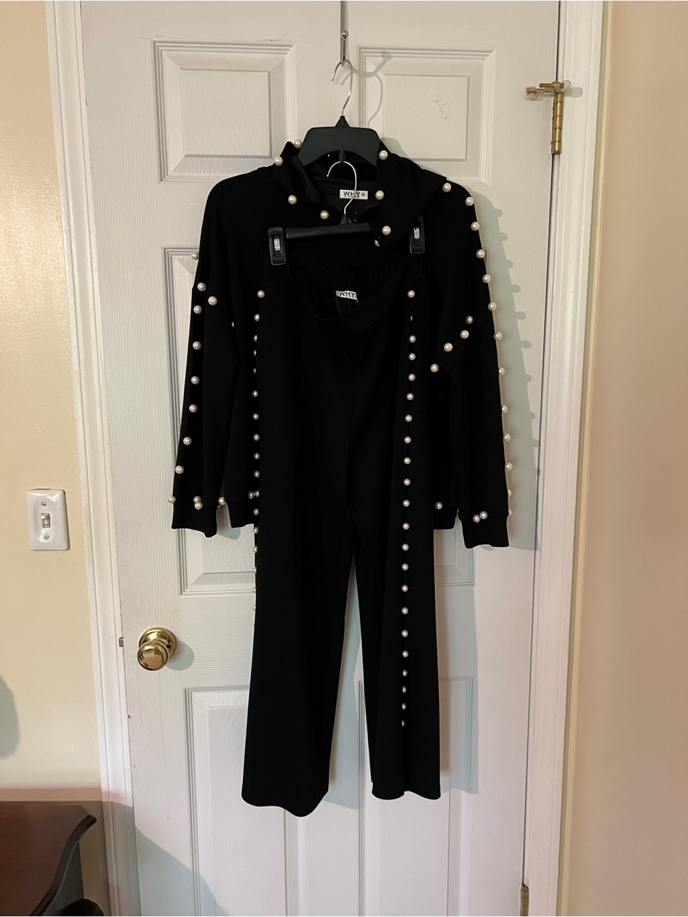 Pearl-Embellished Black Wide-Leg Jumpsuit Set